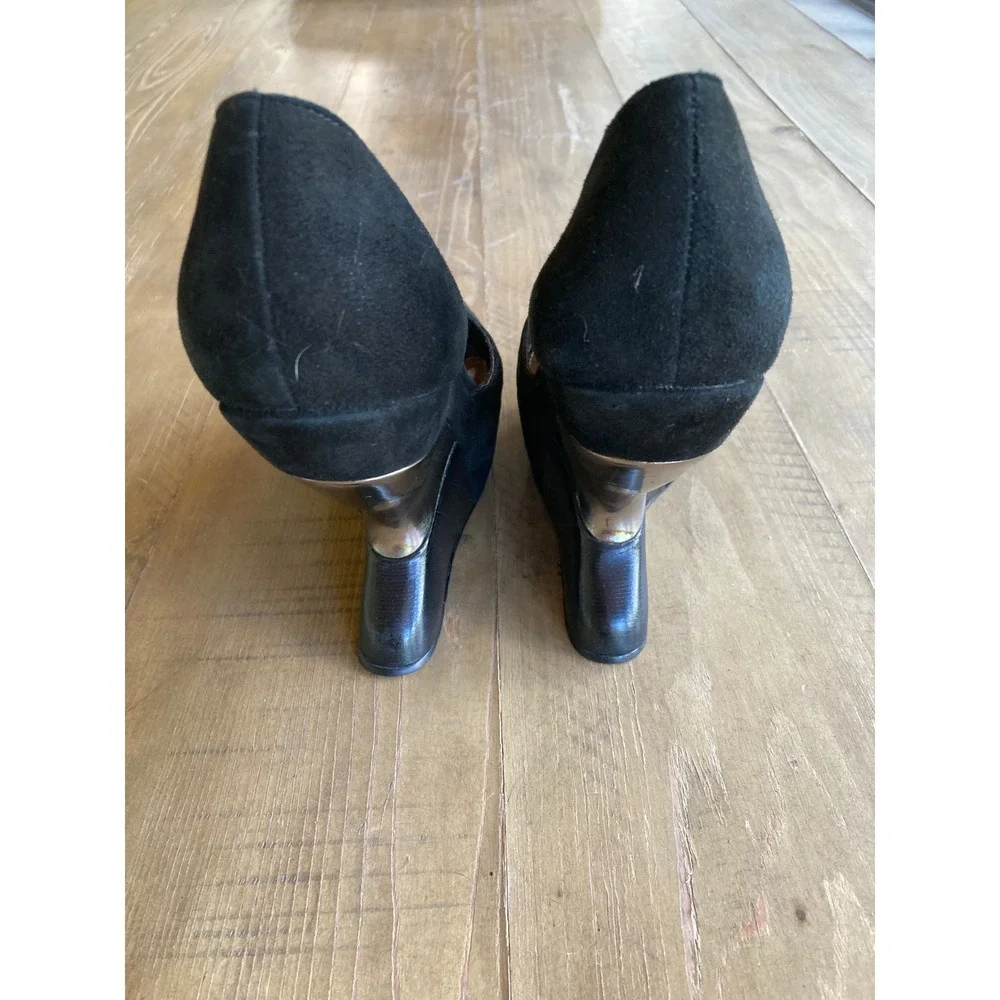 Leifsdottir Katrina Black Suede Sculptural Wedge Platform Peep Toe Heel 37.5